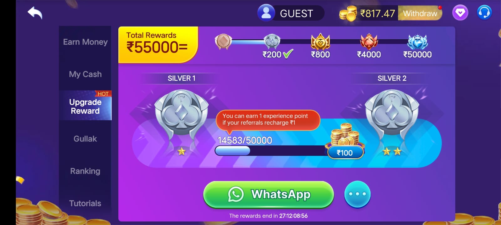 Teen Patti Master Upgrade Reward ₹55,000 – Earn Money Through Referrals